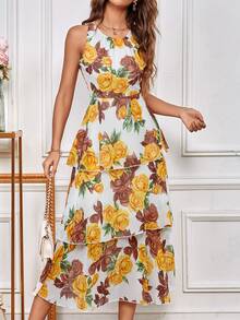 SHEIN LUNE Vestido con estampado floral bajo a capas de gasa - Multicolor - Ver 7