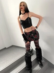 ROMWE PUNK Áo hai dây Nhẫn Xù Đúc màu trơn Gợi cảm - màu đen - Xem 5