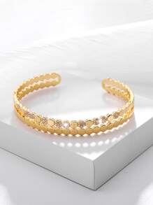 1pc Glamorous Cubic Zirconia Decor Cuff Bangle For Women For Daily Decoration - Gold - View 4