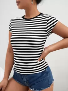 SHEIN Essnce Striped Print Round Neck Tee