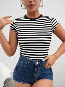 SHEIN Essnce Striped Print Round Neck Tee