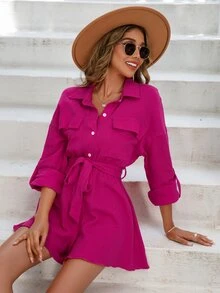 SHEIN Unity Women Jumpsuits Berikat Tombol Depan Plain Casual - Hot Pink - View 4