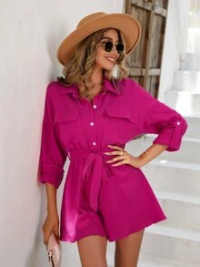SHEIN Unity Women Jumpsuits Berikat Tombol Depan Plain Casual - Hot Pink - View 6