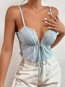 SHEIN VCAY Áo hai dây Dây kéo Thắt nơ trước Tranh thêu màu trơn Boho - Màu xanh nhạt - Xem 1