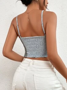 SHEIN VCAY Áo hai dây Dây kéo Thắt nơ trước Tranh thêu màu trơn Boho - Màu xanh nhạt - Xem 2