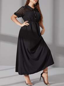 Mulvari Plus Contrast Lace Button Front Dress - Black - View 3