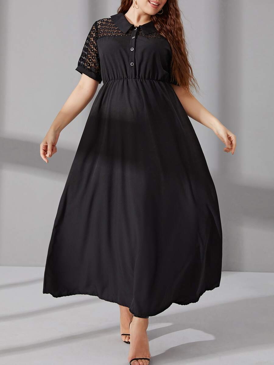 Mulvari Plus Contrast Lace Button Front Dress - Black - View 1