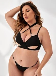 Set de lencería con tanga aro de corazón con abertura con aro - Negro - Ver 1