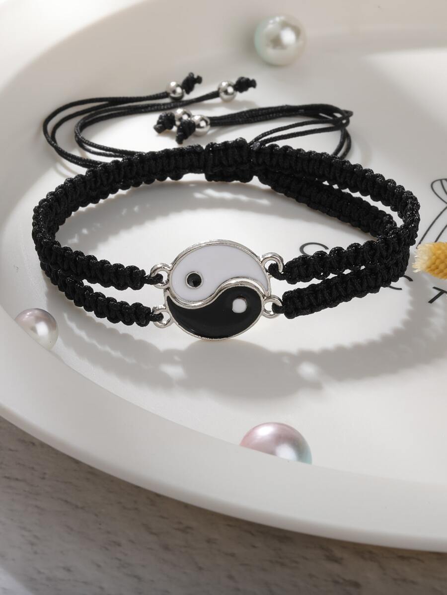 2pcs Yin & Yang Decor Braided Bracelet - Black and White - View 1