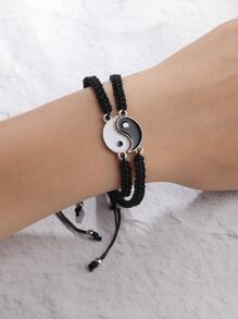 2pcs Yin & Yang Decor Braided Bracelet - Black and White - View 2