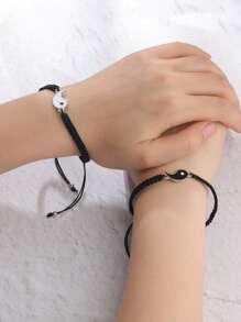 2pcs Yin & Yang Decor Braided Bracelet - Black and White - View 3