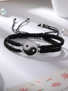 2pcs Yin & Yang Decor Braided Bracelet - Black and White - View 7