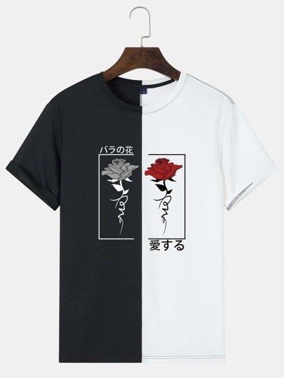Manfinity LEGND Men Rose & Japanese Letter Graphic Tee