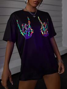 SHEIN Unity Reflective Skeleton Hand Print Drop Shoulder Tee - Black - View 1