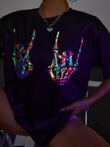 SHEIN Unity Reflective Skeleton Hand Print Drop Shoulder Tee - Black - View 3