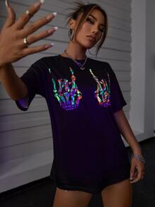 SHEIN Unity Reflective Skeleton Hand Print Drop Shoulder Tee - Black - View 5
