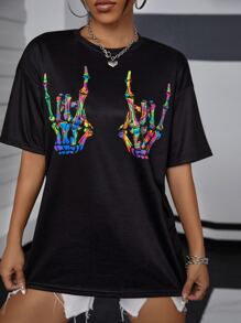 SHEIN Unity Reflective Skeleton Hand Print Drop Shoulder Tee - Black - View 6
