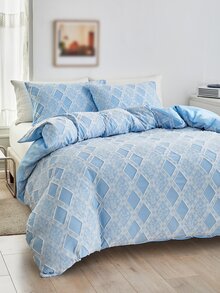 Jacquard Flower Duvet Cover Set Without Filler - Blue - View 2