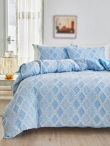 Jacquard Flower Duvet Cover Set Without Filler - Blue - View 3