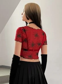 ROMWE PUNK 蜘蛛印花木耳邊短款上衣不附胸罩 - 紅色 - 查看 2