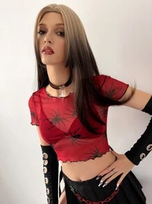 ROMWE PUNK 蜘蛛印花木耳邊短款上衣不附胸罩 - 紅色 - 查看 3