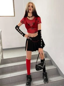 ROMWE PUNK 蜘蛛印花木耳邊短款上衣不附胸罩 - 紅色 - 查看 4