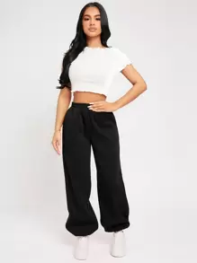 SHEIN PETITE Quần thể thao nữ Túi màu trơn - màu đen - Xem 3