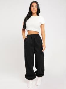 SHEIN PETITE Quần thể thao nữ Túi màu trơn - màu đen - Xem 6