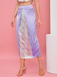 AMOF Fish & Floral Print Plicated Detail Skirt - Lilac Purple - View 4