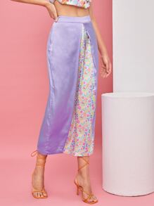 AMOF Fish & Floral Print Plicated Detail Skirt - Lilac Purple - View 6