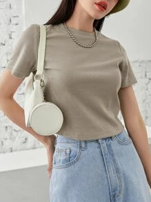 DAZY Solid Rib-knit Crop Tee - Khaki - View 1