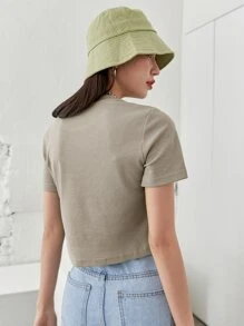 DAZY Solid Rib-knit Crop Tee - Khaki - View 2