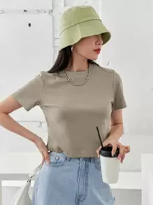 DAZY Solid Rib-knit Crop Tee - Khaki - View 3