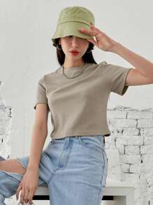 DAZY Solid Rib-knit Crop Tee - Khaki - View 5