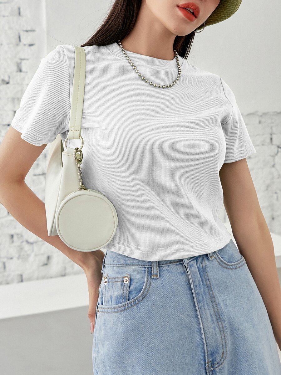 DAZY Solid Rib-knit Crop Tee - White - View 1