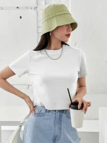 DAZY Solid Rib-knit Crop Tee - White - View 3
