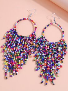 Color Block Beaded Tassel Drop Earrings - Multicolor - View 1