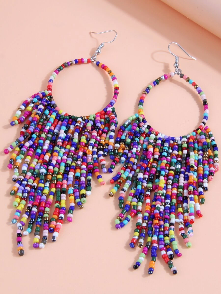 Color Block Beaded Tassel Drop Earrings - Multicolor - View 1