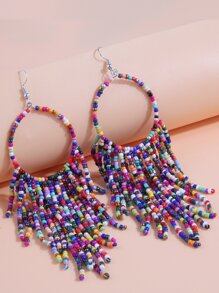 Color Block Beaded Tassel Drop Earrings - Multicolor - View 2