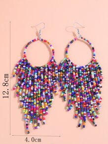 Color Block Beaded Tassel Drop Earrings - Multicolor - View 3