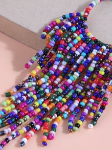 Color Block Beaded Tassel Drop Earrings - Multicolor - View 4
