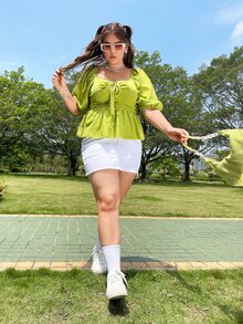 Plus Shirred Back Tie Front Puff Sleeve Peplum Blouse - Lime Green - View 4