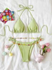 SHEIN Swim Cute Bikini Set Tie Back Triangle Bra & Tie Side Bottom & Detachable Beaded Belt 3 Piece Bathing Suit - Mint Green - View 4
