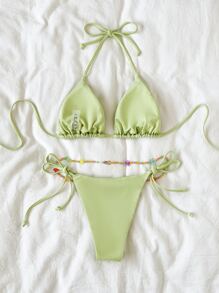 SHEIN Swim Cute Bikini Set Tie Back Triangle Bra & Tie Side Bottom & Detachable Beaded Belt 3 Piece Bathing Suit - Mint Green - View 6