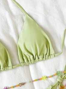 SHEIN Swim Cute Bikini Set Tie Back Triangle Bra & Tie Side Bottom & Detachable Beaded Belt 3 Piece Bathing Suit - Mint Green - View 3