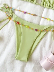 SHEIN Swim Cute Bikini Set Tie Back Triangle Bra & Tie Side Bottom & Detachable Beaded Belt 3 Piece Bathing Suit - Mint Green - View 5