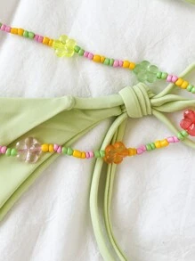 SHEIN Swim Cute Bikini Set Tie Back Triangle Bra & Tie Side Bottom & Detachable Beaded Belt 3 Piece Bathing Suit - Mint Green - View 7