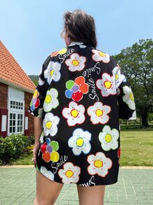 Plus Dopamine Dressing Floral & Letter Graphic Drop Shoulder Shirt - Multicolor - View 3