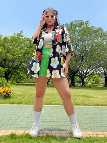 Plus Dopamine Dressing Floral & Letter Graphic Drop Shoulder Shirt - Multicolor - View 4