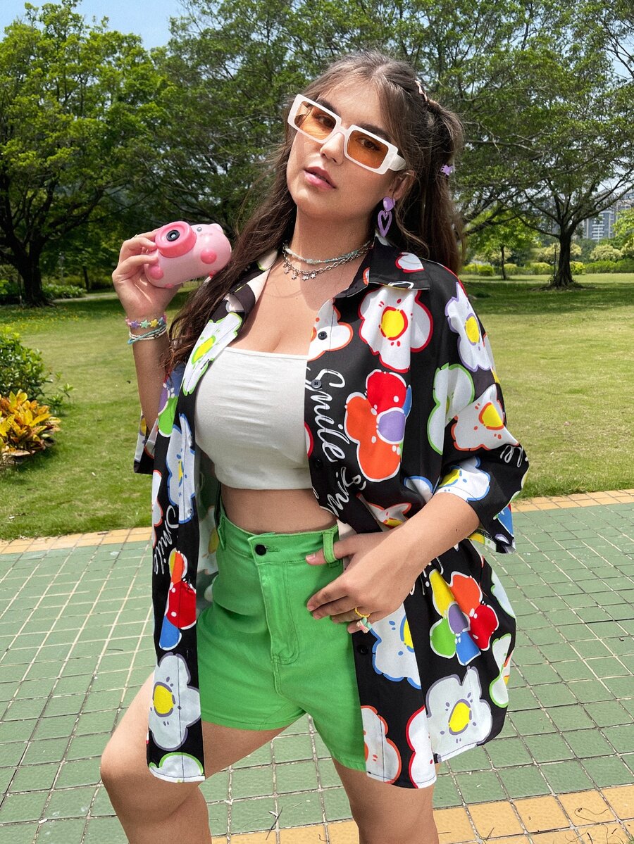 Plus Dopamine Dressing Floral & Letter Graphic Drop Shoulder Shirt - Multicolor - View 1